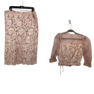 HANDMADE Vintage Pink Floral Lace Mesh Peplum Blouse‎ Pencil Skirt Size XS
